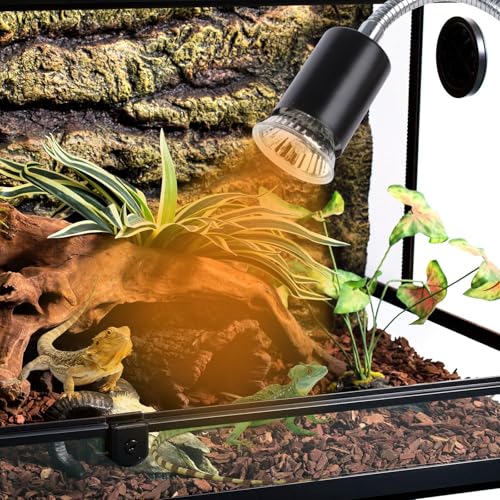 Image of LUCKY HERP Reptile Heat Lamp with Clamp, Aquarium Turtle Tank Basking Light with 360 Rotatable Timing & Dimming and 2 Pack 50W UVA UVB Heat Light Bulb for Turtle Tortoise Lizard