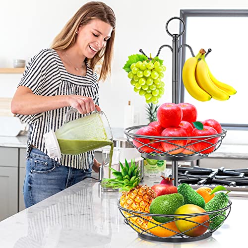 Fruit Basket - 2 Tier Fruit Bowl With Banana Hanger For Kitchen Counter Fruit Holder - Elegant Black #TOP3