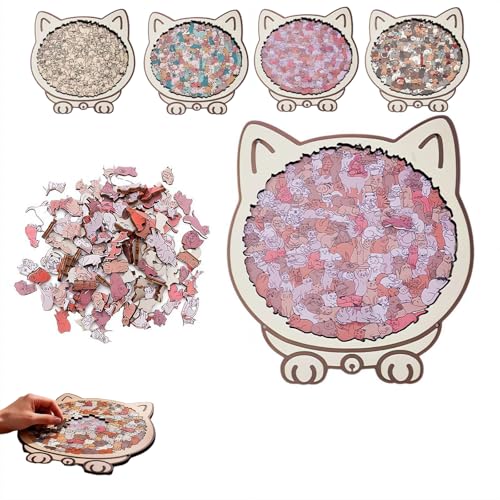 135-Piece Morandi-Colored Cat Shaped Wooden Jigsaw Puzzle,New Cute Cat Shaped Wooden Puzzle,Challenging Irregular Jigsaw,Creative Gift for Cats Lovers (Maillard color)
