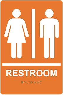 ComplianceSigns.com Restroom Sign, ADA-Compliant Braille and Raised Letters, 9x6 in. White on Orange Acrylic with Adhesive Mounting Strips