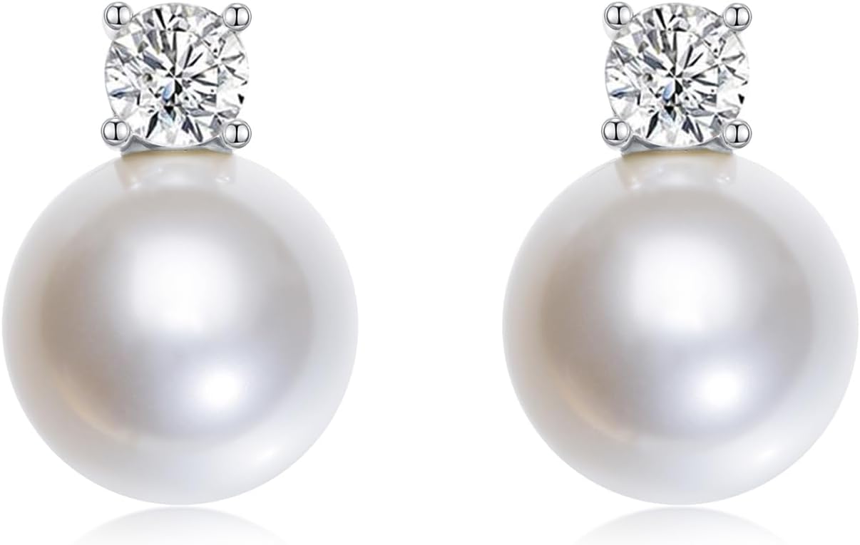Mameloly Pearl Earrings for Women Dainty 925 Sterling Silver Cubic Zirconia CZ 10MM Simulated White Pearl Stud Drop Engagement Wedding Birdal Earrings Hypoallergenic