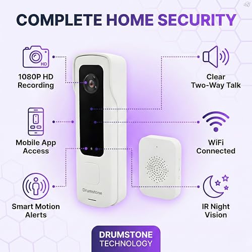 Image of Drumstone WiFi Video Doorbell Camera with Two-Way Audio, HD Wireless Smart Doorbell, Real-Time Mobile Monitoring, Visitor Communication & Home Security System for Apartment & Office