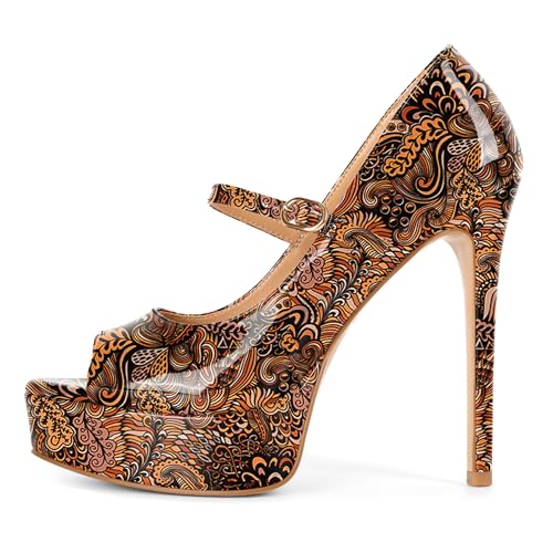 Image of SAMMITOP Women's Peep Toe High Heels Platform Stiletto Pumps Patent Mary Jane Heels 5.5 inch Party Wedding Dress Shoes