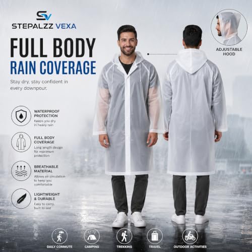 Image of Full Length Waterproof Raincoat for Men & Women | Hooded Transparent Rain Wear with Sleeves | Reusable Long Rain Jacket for Bike Riding, Travel, Camping & Monsoon Protection