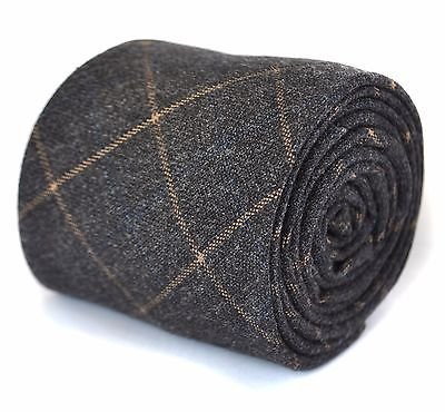 Frederick Thomas skinny grey and orange checked tweed wool tie slim unique 30-th birthday mens ties gifts 50-th wedding 40th woollen woolen work unusual