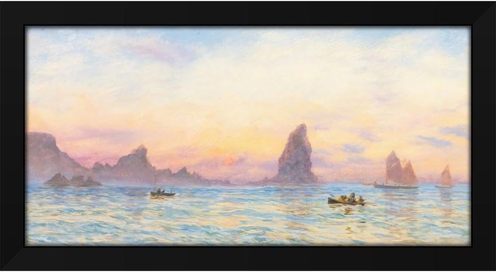 John Brett 24x14 Black Modern Framed Art Print Titled: The Cornish Coast near Newquay (1879)
