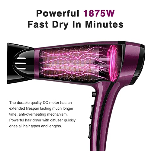 Hair Dryer Confu 1875W Ionic Fast Drying Low Noise Blow Dryer With 2 Speed 3 Heat Cool Setting Nozzle Diffuser Hairdryer Bag Etl Certified Purple #TOP2