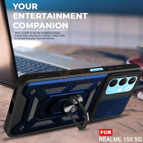 Image of Armor Bumper Back Cover Case for Realme 15X 5G Rotating Camera Cover, Ring Holder & Kickstand | Heavy Duty & 360 Degree Protection Realme 15X 5G Back Cover (Blue)