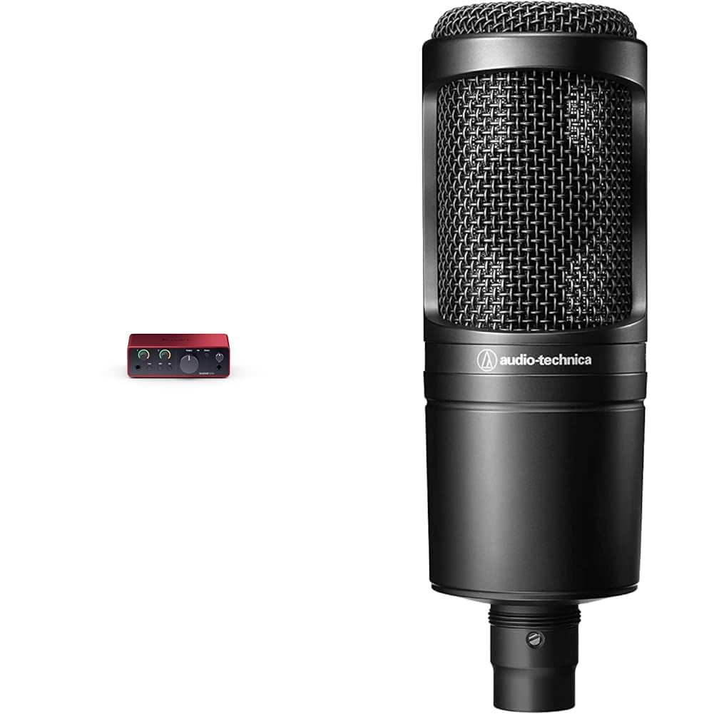 Focusrite Scarlett Solo 4.ª gen. interfaz de audio USB para guitarristas & Audio-Technica AT2020 Micrófono de condensador cardioide (conexión XLR) para voz en off, podcasting