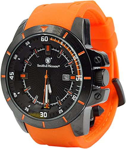 Smith & Wesson Men's Trooper Watch, 5Atm, Stainless Steel, Japanese Movement, Orange Rubber Strap, Water Resistant, Tactical Watch, Precision Quart, Scratch Resistant, 47Mm, Orange, Christmas Gift #TOP1