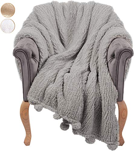 GREEN ORANGE Throw Blanket for Couch - 50x60, Grey with Pom Poms