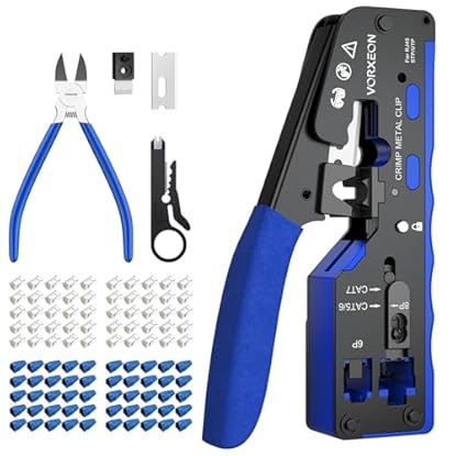 Foto di VORXEON Kit Pinza Crimpatrice RJ45 8P+6P Categoria 7, Pinzetta Passante con Connettori, Guaina Blu, Mini Spellafili e Taglierino, Strumento Multifunzionale per Cablaggio Residenziale, Ufficio e IT