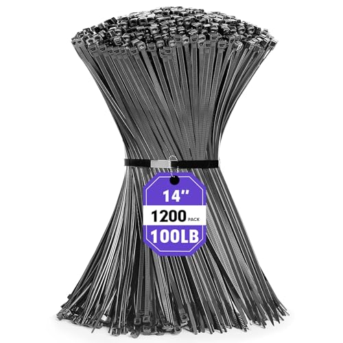 Zip Ties, RAZCC 1200pcs Black Cable Zip Ties 14 Inch, Heavy Duty Plastic Wire Ties with 100lb Tensile Strength, Self-Locking Black Nylon Tie Wraps for Indoor and Outdoor