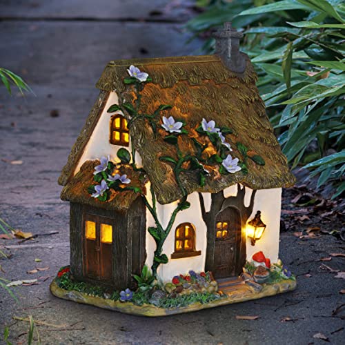 Exhart Solar Flower Vine House Garden Statue, Resin, Adorable Fairy Garden LED Décor, 8