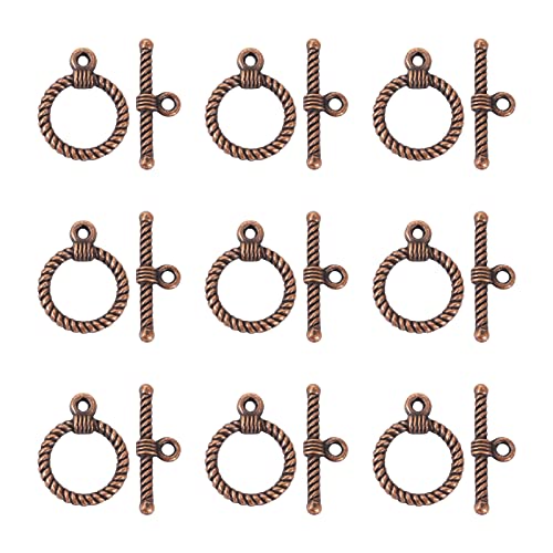 Pandahall 10 Sets Tibetan Alloy Toggle Clasps Round Bracelet Jewelry Clasp Connectors for Necklace Bracelet Jewelry Making(Red Copper)