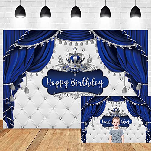 OERJU Royal Prince Birthday Backdrop Royal Blue and Silver Happy Birthday Backdrop Little Baby Prince King Crown Curtain Photo Background Boy Kids 1st Bday Party Decorations Supplies 8x8ft