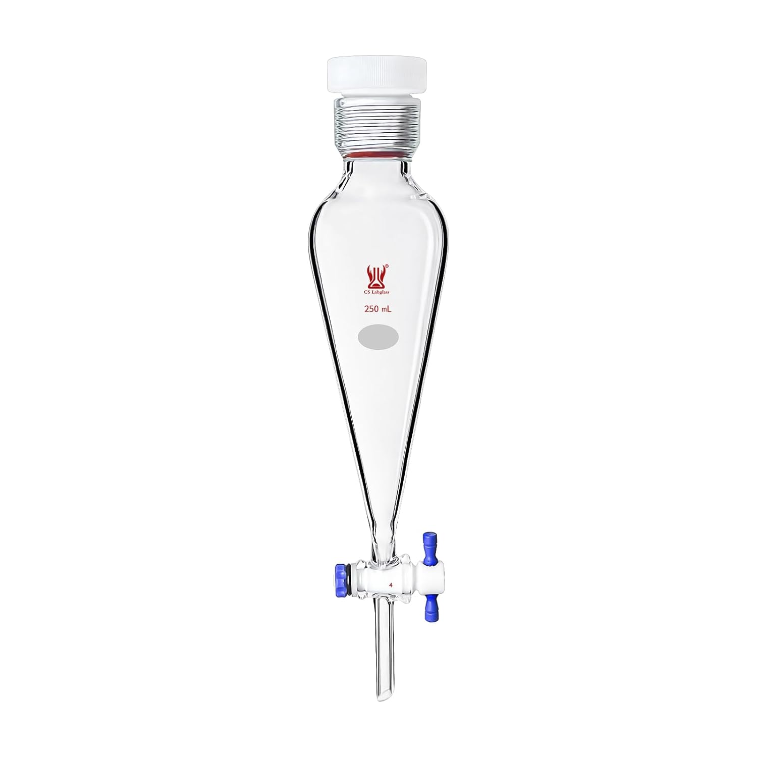 250mL Separatory Funnel with 25# Internal Thread and 4mm PTFE Stopcock at Bottom & PTFE25# Stopper at Top, Borosilicate Glass Conical Separatory Funnel, Lab Glassware - 250ml