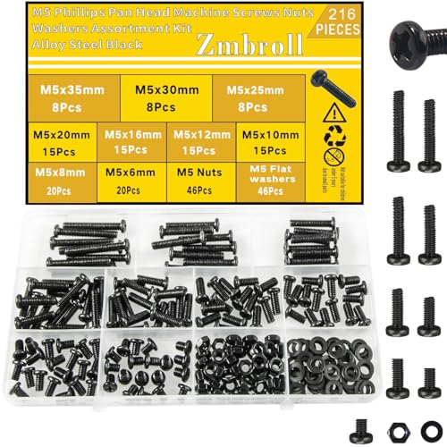 M5 Vis de machine à tête de pan de croix noire M5x6/8/10/12/16/20/25/30/35mm Metric Machine Vis noir Entièrement fil Électriciens Vis rondelles plates et écrous Kit d'assortiment