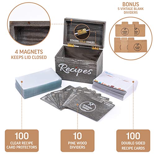 Kitchenmania Wood Recipe Box With Cards,Wood Dividers 4X6 Vintage Style Set,100 Double Sided Recipe Cards,100 Recipe Card Protectors, Gift For Grandma Mom Women Wedding Bridal Shower Rustic Black #TOP1