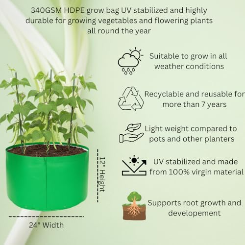 Image of HDPE UV Treated 340 GSM Plant Growing Bags for Terrace Gardening Easy to Use 24 x 12 Inch - Pack of 2