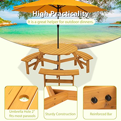 Kivenjaja 6-Person Wooden Picnic Table, 35.43” Outdoor Round Table With 3 Built-In Benches & Umbrella Hole, Patio Dining Table And Bench Set For Garden, Backyard, Porch (Natural) #TOP3