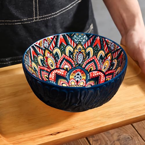 Boho-Cereal-Bowls-Ceramic-Soup-Bowls-Set-of-4-28-Oz-Deep-Colorful-Bowls-Set-for-Kitchen-Dishwasher-Microwave-Safe-Decorative-Vibrant-Bohemian-Bowls-for-Oatmeal-Ice-Cream-Salad-Pasta-Blue Boho Cereal Bowls Ceramic Soup Bowls Set of 4 28 Oz Deep Colorful Bowls Set for Kitchen Dishwasher Microwave Safe Decorative Vibrant Bohemian Bowls for Oatmeal Ice Cream Salad Pasta Blue
