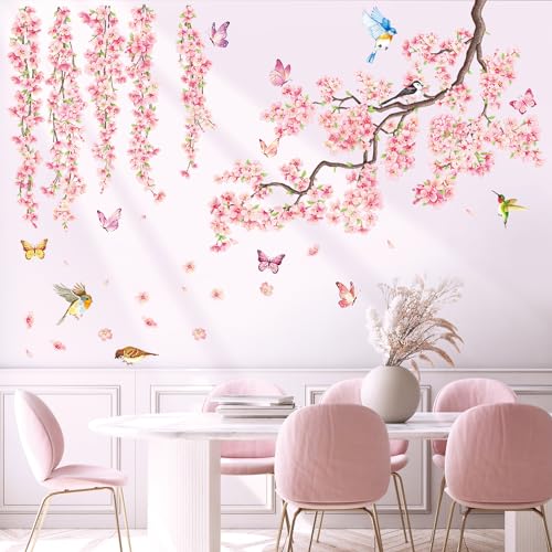 DECOWALL SG3-2320 Cherry Blossom Flower Wall Stickers Pink Hanging Floral Tree Branch Birds Decals Living Room Bedroom Office Home Decor - Image 2