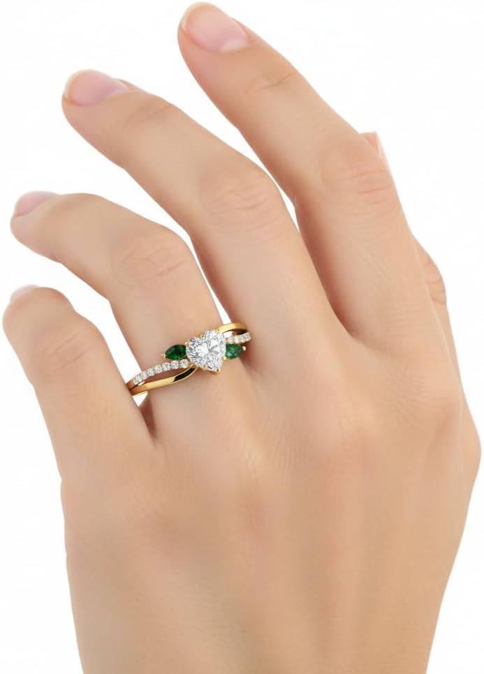 Choose Your Gemstone Antique Marquise Accent Ring Yellow Gold Plated Heart Shape Side Stone Engagement Rings Matching Jewelry Wedding Jewelry Easy to Wear Gifts US Size 4 to 12