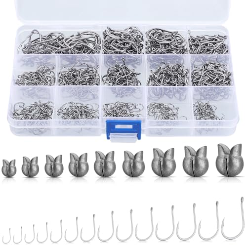 JellyArch 800 Pcs Fishing Accessories Kit Includes 700 Pcs 14 Sizes Carbon Steel Fishing Hooks 100 Pcs 9 Weights Removable Split Shot Sinker Circle Hooks Saltwater Fishing Sinkers and Weights with Box