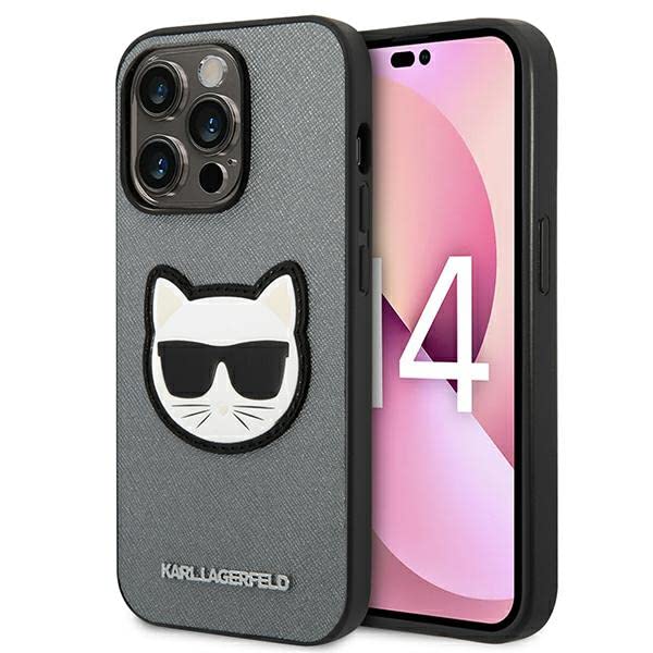 KARL LAGERFELD KLHCP14XSAPCHG Coque pour iPhone 14 Pro Max 6,7" Coque Rigide Argent/Argent Saffiano Choupette Patch TĂŞte