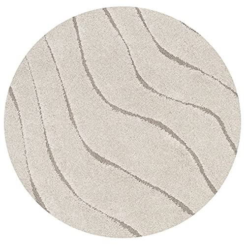 Image of Abstract Wavy Design Round Shaggy Carpet for Living Room, Bedroom, High Low Design Finish Microfiber 1.8 Inch Pile High, 5x5 Feet Cream|Beige Color