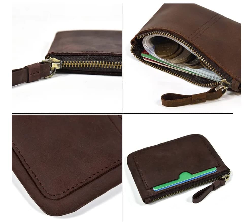 Image of Genuine Leather Coin Purse Pouch for Women Men Vintage Cowhide Grain Leather Slim Mini Wallet Metal Zipper with Real Leather handle, #09 Dark Brown, 1-Pack, Retro Vintage