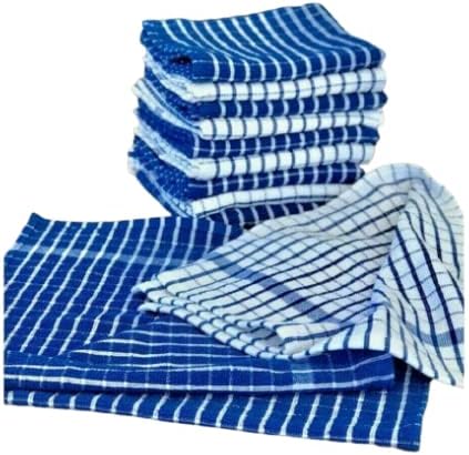 JMS Bridge kitchen catering towels Terry Tea Towels Blue White Large Super Absorbent Kitchen Dish Cloths Cleaning Drying 40 cm x 65 cm Pack of 10