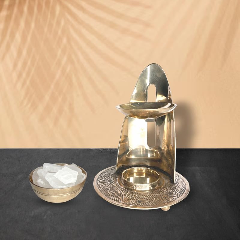 DOKCHAN Brass Metal Fragrance Lamp Oil Diffuser with Bowl Camphor/Loban Lamp Burner Bakhoor Incense Frankincense Burner Lamp with Adjustable Handle (Size - 15cm)
