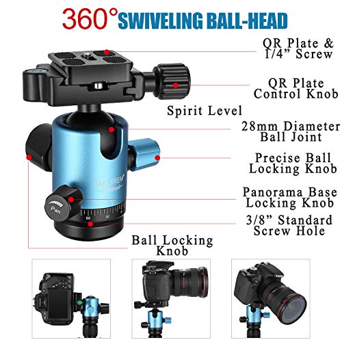 MACTREM Professional Camera Tripod with Phone Mount, 62" DSLR Tripod for Travel, Super Lightweight and Reliable Stability, Ball Head Tripod Detachable Monopod with Carry Bag (Blue)