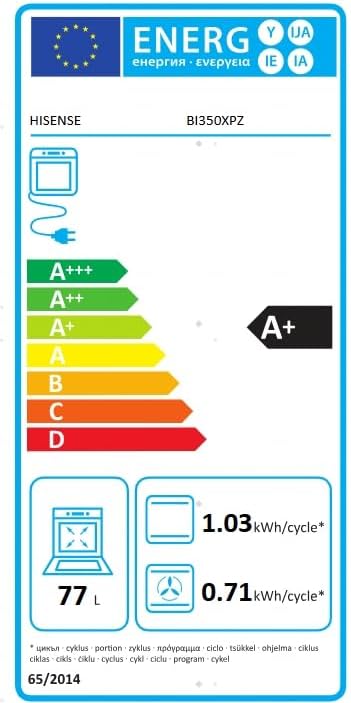 Energy efficiency label for Hisense BI350XPZ oven, showing A+ class and 77L capacity