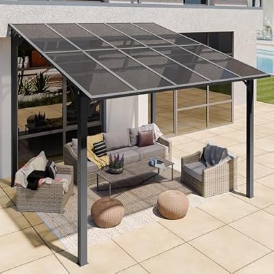 Shintenchi 10’x 10’ Gazebo for Porch,Hard Top Lean to Gazebo Pergola with UV Protection Roof,Large Wall-Mounted Heavy Duty Awnings for Patio, Decks, Backyard and More