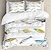 Ambesonne Fishing Duvet Cover Set, Several Fish Hook Equipment Objects Trolling Angling Netting Gathering Activity, Decorative 3 Piece Bedding Set with 2 Pillow Shams, King Size, White Gray