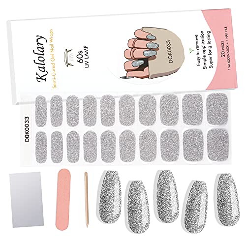20Pcs Semi Cured Gel Nail Polish Strips, Kalolary Silver Glitter Self Adhesive Full Wraps Gel Nail Stickers Waterproof Nail Decals For Women Girls Diy Nail Art Salon Home (Uv/Led Lamp Required) #TOP14