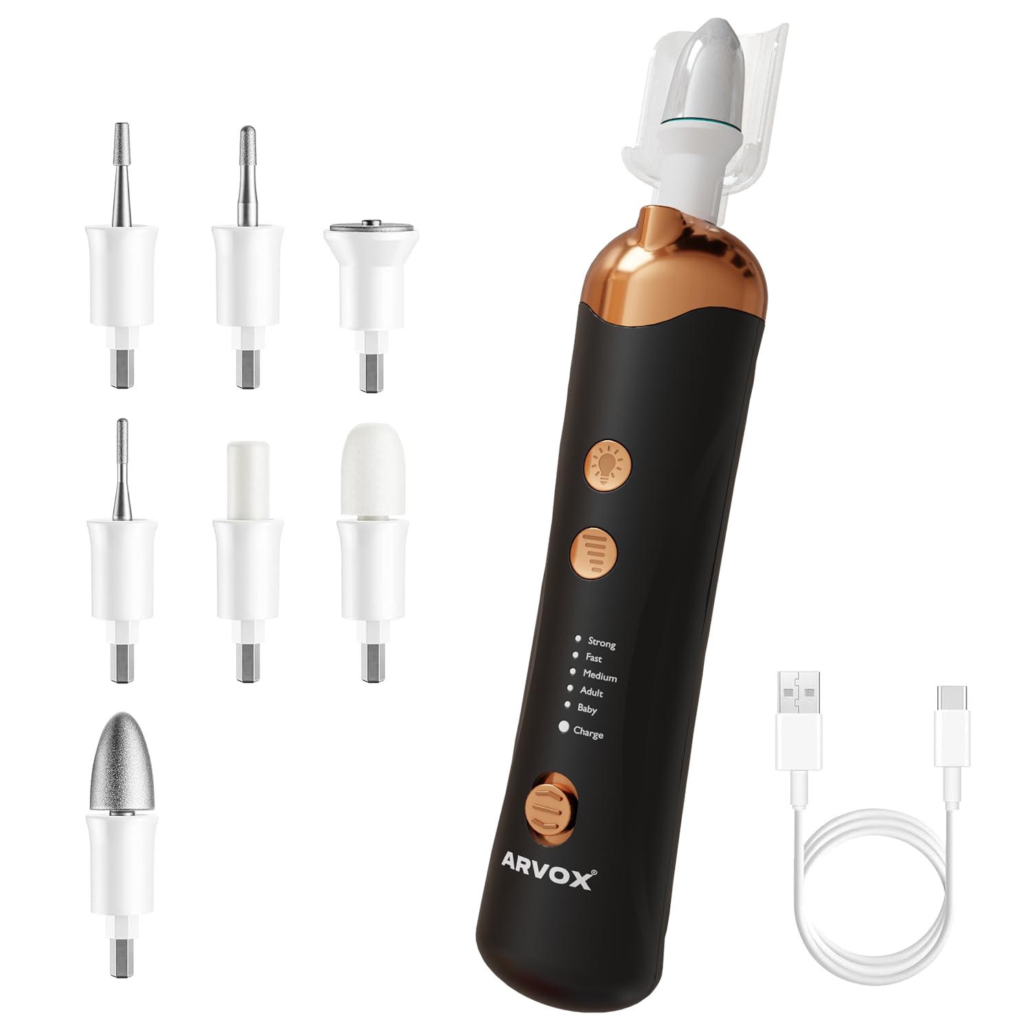 Arvox Prime Professional Nail Drill & Polisher | 5-Speed Electric Manicure & Pedicure Kit | 8 Attachments for Shaping, Trimming & Polishing | Rechargeable Type-C | For Women & Men 8000RPM (Black)-image-42