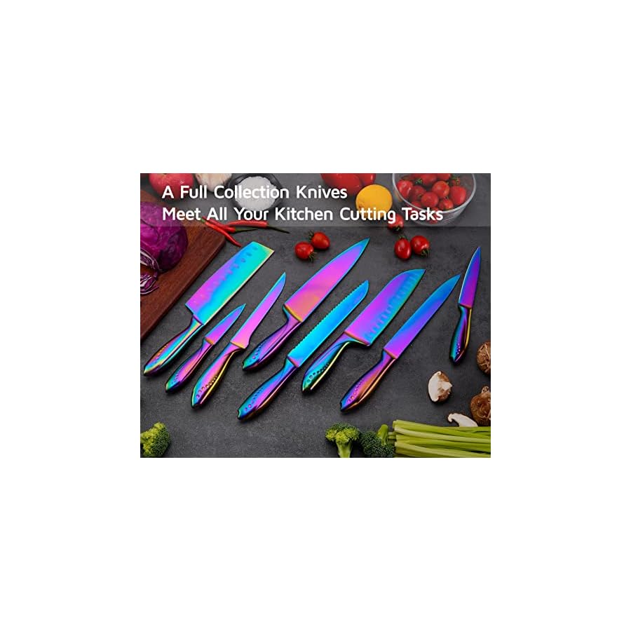 WELLSTAR-Rainbow-Knife-Set-16-Pieces-with-8-Knives-and-8-Blade-Guards-Iridescent-German-Stainless-Steel-Kitchen-Knives-with-Durable-Sheath-Cover-Colorful-Titanium-Coated-Chefs-Cooking-Knife-Set WELLSTAR Rainbow Knife Set 16 Pieces with 8 Knives and 8 Blade Guards, Iridescent German Stainless Steel Kitchen Knives with Durable Sheath Cover, Colorful Titanium Coated Chef’s Cooking Knife Set