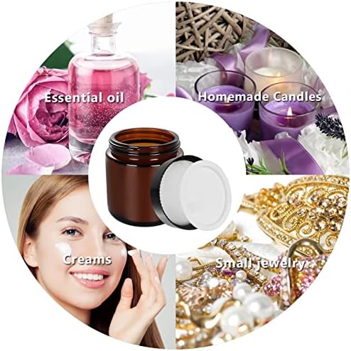 SHiZAK 120ml 4 oz Amber Round Glass Jars with Black Lids and White Inner Liners Great Perfect for Cosmetics and Face Cream Lotion and Personal Care Products and More (Pack of 6)