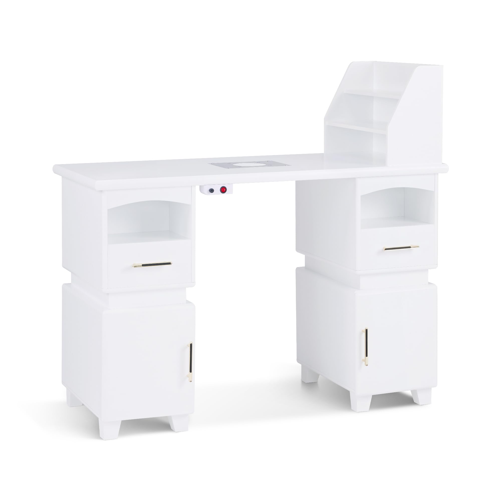 Barberpub Manikürtisch mit 2 Schubladen, Nageltisch mit Absaugung Weiß, Nagelfrisiertisch aus Holz, 4 Schrank, Regal, 2 Staubsaugerbeutel, Schreibtisch für Nagelstudio, 55x120x112,5cm, 2456