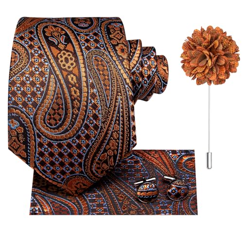 Image of Hi-Tie Men Silk Ties Set with Flower Lapel Pin Necktie Pocket Square Cufflinks for Tuxedo Wedding Business