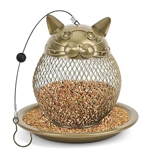 Metal Wild Small Finch Birds Feeders for Outdoors Window Hanging Anti-Squirrel Proof Birds Seed Container for Outside Garden Tree Balcony for Hummingbirds Orioles Unique Cute Cat-Shaped Design