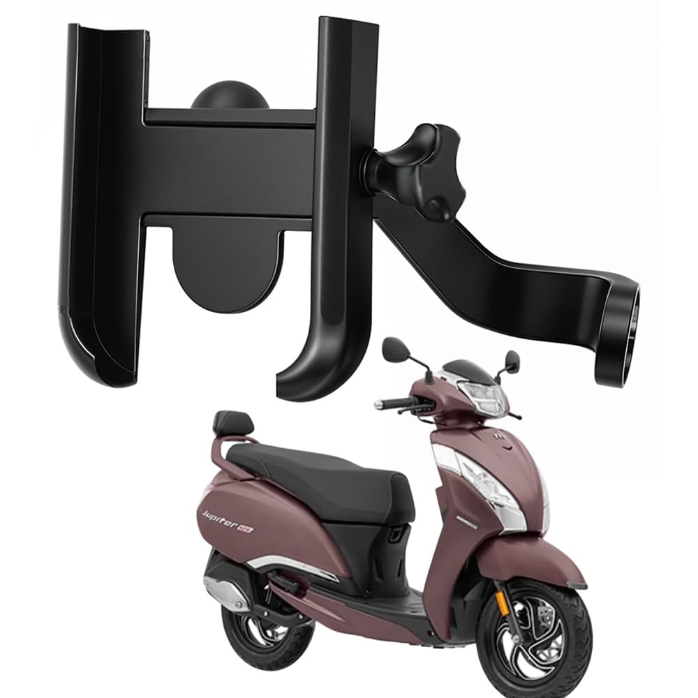 WHIPONE Metal CNC Mobile Holder for Scooter, Scooty & Motorcycle Compatible for TVS Jupiter 125, Mirror Mount, 360° Rotation, Strong Anti-Slip Grip, Wide Adjustable Fit for All Smartphones (Black)