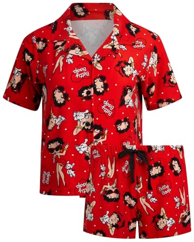 COCO BRANDS Betty Boop Womens Pajama Set - Soft Stretchy Pajama Shorts & Short Sleeve, Notch Collar, Button Down Top, Size Large, Red Puppy & Shades Betty Boop