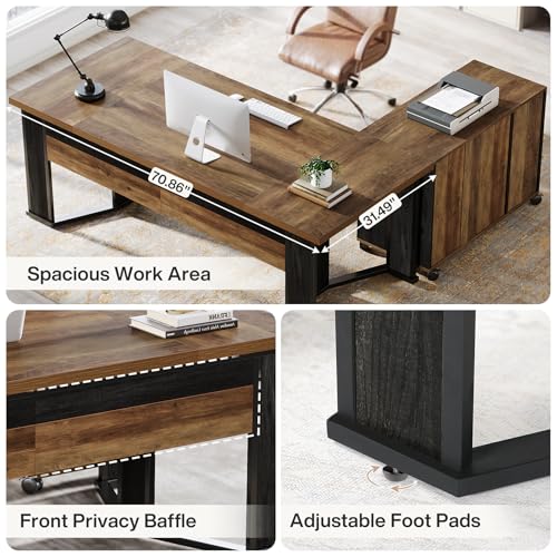 Tribesigns 70.86" Executive Desk with Mobile File Cabinet, Large L Shaped Computer Office Desk with 2 Drawers and Storage Shelves, Business Furniture Desk Workstation for Home Office (Rustic Brown) by Tribesigns - Image 6