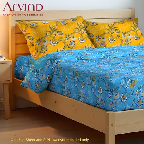 Image of Arvind Bedsheet Set - 100% Cotton Bedsheet for Double Bed (1 Queen Size Bedsheet with 2 Pillow Covers) Soft Breathable, 144 Thread Count - Slumber -Shade 1 (21031-A)