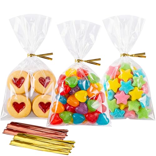 Morepack Cello Cellophane 4x6 Inches Cookie Bags 200 Pcs OPP Plastic Clear Treat Bags with 200 Twist Ties for Gift Wrapping,Packaging Candies,Dessert,Bakery,Chocolate,Party Favors
